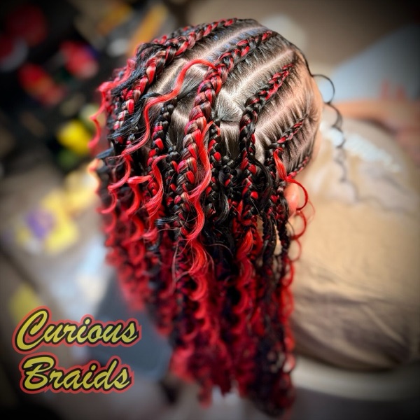 Boho knotless · red curls — braided by Curious Braids in Defiance, Ohio