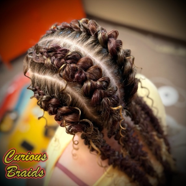 Feed-in braids · curly ends — braided by Curious Braids in Defiance, Ohio