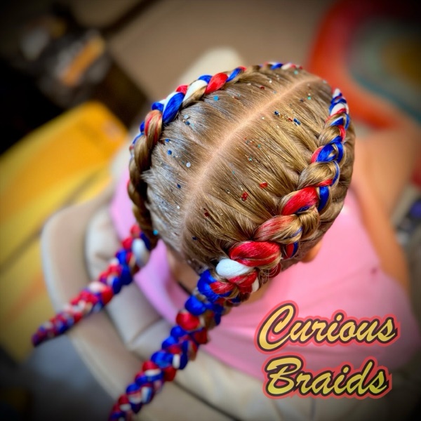 Two feed-in braids · red, white and blue — braided by Curious Braids in Defiance, Ohio