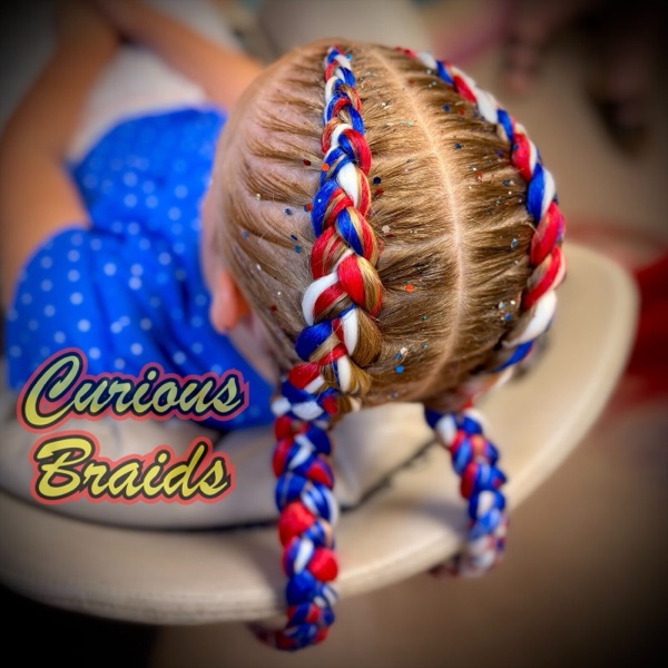 Two feed-in braids · red, white and blue — braided by Curious Braids in Defiance, Ohio