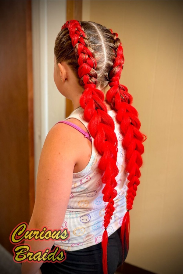Two feed-in braids · red — braided by Curious Braids in Defiance, Ohio
